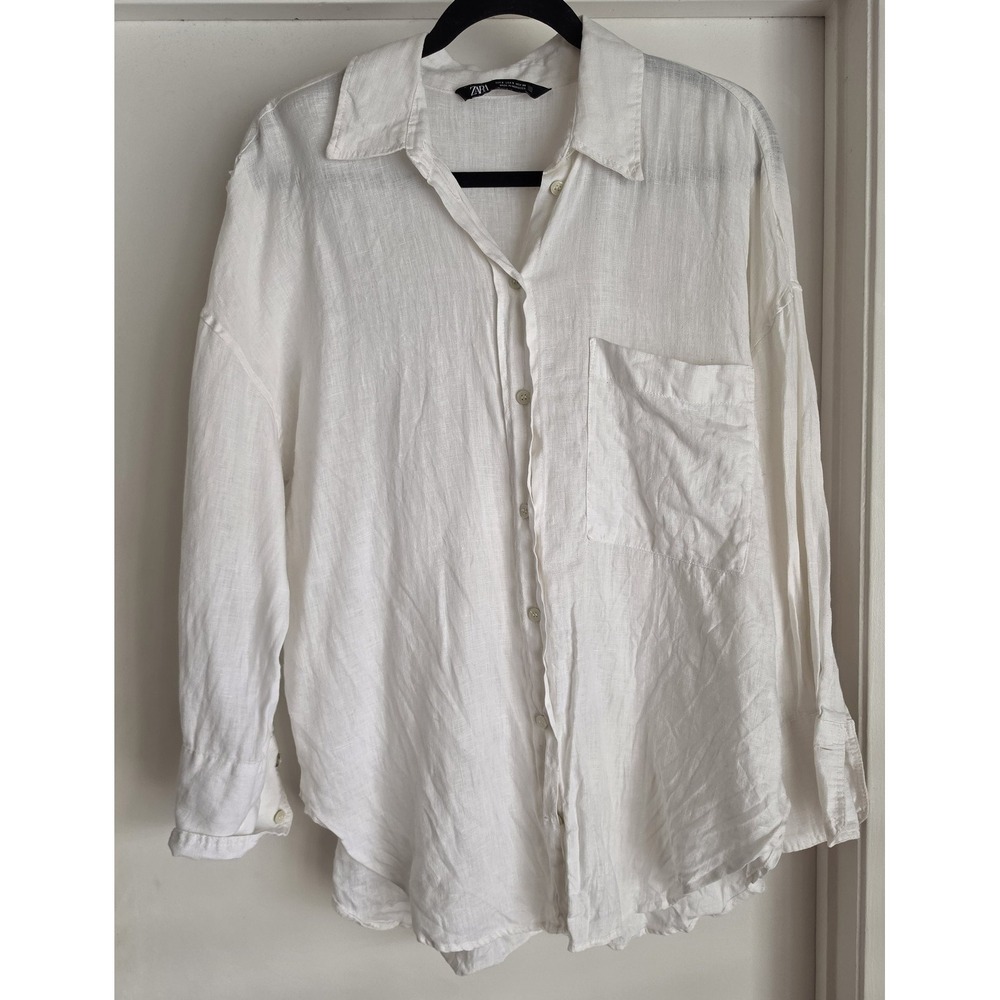 Zara Women Button-Down Shirt Size S White 100% Linen Long Sleeve Collared Top